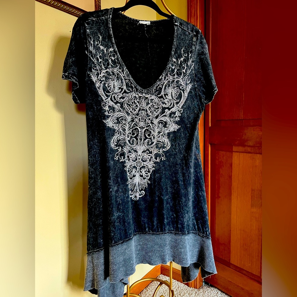 Washed out black, rhinestone embellishments, front and back 34”L, side 40”L